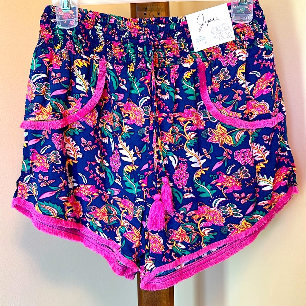 Joyous Floral Tassel Shorts - Navy with Pink Trim